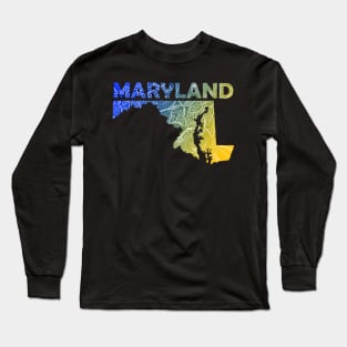 Colorful mandala art map of Maryland with text in blue and yellow Long Sleeve T-Shirt